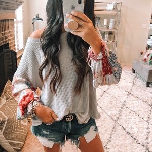 Multi Print Sleeve Lightweight Sweater